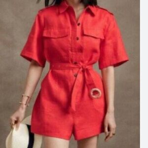LINEN BANANA REPUBLIC Utility Orange Women’s Romper Jumper SM Pockets Shorts EUC